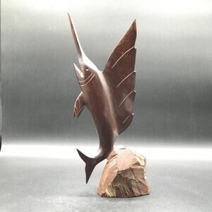 Vintage Ironwood Hand Carved Sailfish Marlin Sculpture Solid Wood Sculpture 14"